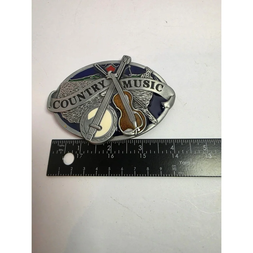 Country Music Banjo Fiddle Oval Belt Buckle Silver Tone Enamel Western Vintage